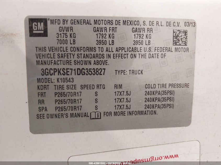 2013 Chevrolet Silverado 1500 Lt VIN: 3GCPKSE71DG353827 Lot: 43961552