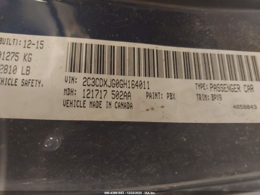 2016 Dodge Charger Sxt VIN: 2C3CDXJG0GH164011 Lot: 43961553