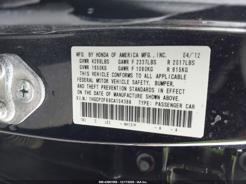 2012 Honda Accord 2.4 Se VIN: 1HGCP2F68CA154388 Lot: 43961556
