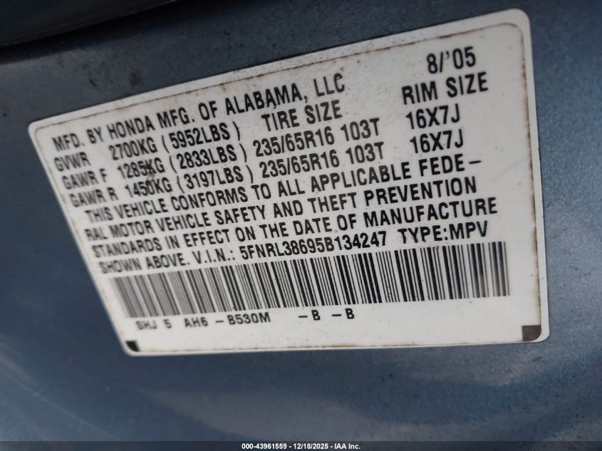 2005 Honda Odyssey Ex-L VIN: 5FNRL38695B134247 Lot: 43961559