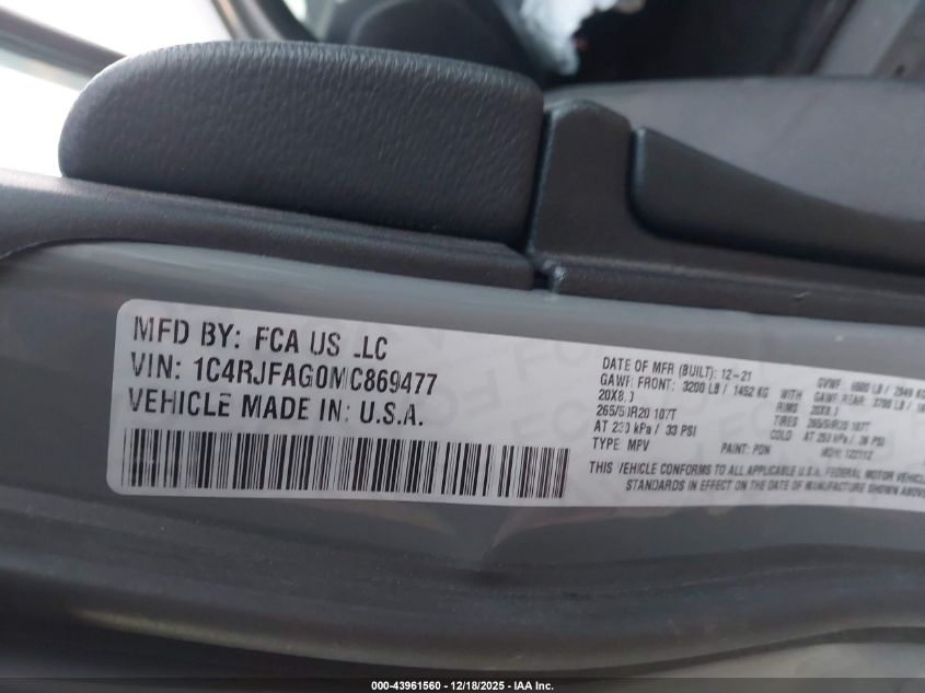 2021 Jeep Grand Cherokee Laredo X 4X4 VIN: 1C4RJFAG0MC869477 Lot: 43961560