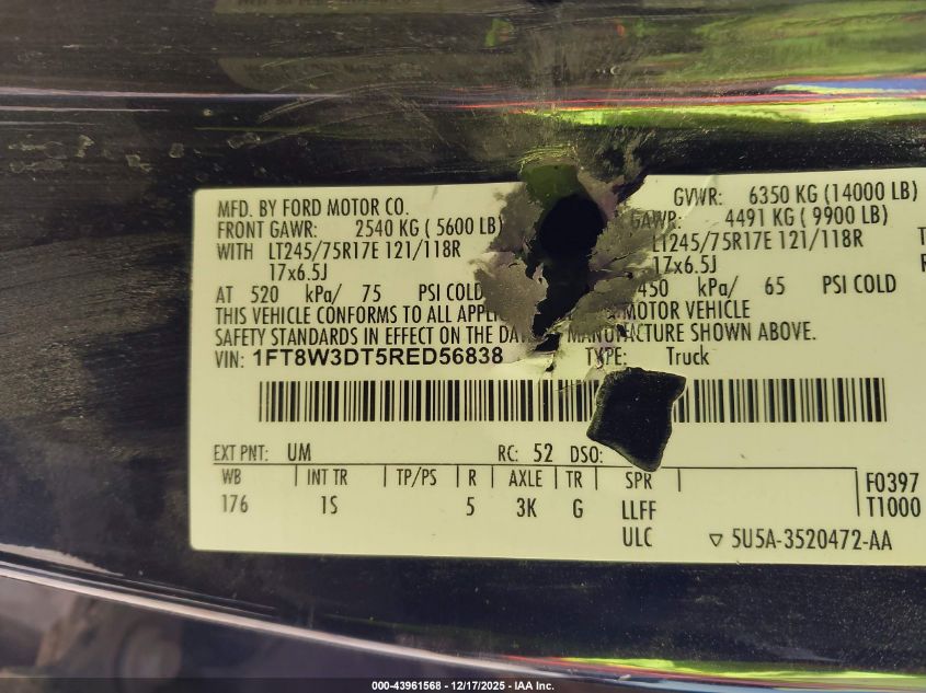 2024 Ford F-350 Xl VIN: 1FT8W3DT5RED56838 Lot: 43961568