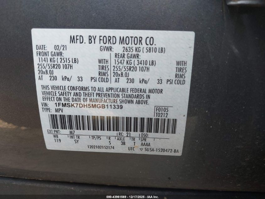 2021 Ford Explorer Xlt VIN: 1FMSK7DH5MGB11339 Lot: 43961569