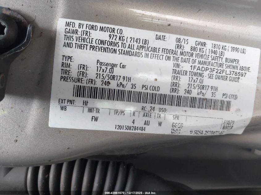 2015 Ford Focus Se VIN: 1FADP3F22FL378597 Lot: 43961570