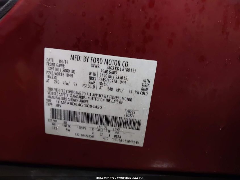 2016 Ford Explorer Xlt VIN: 1FM5K8D84GGC94420 Lot: 43961572