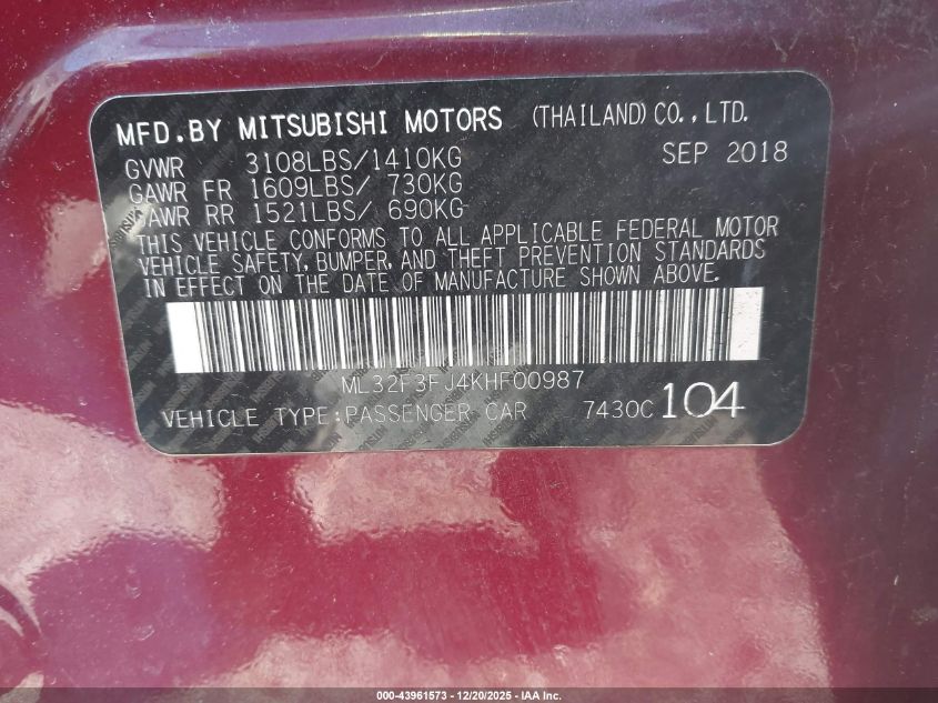 2019 Mitsubishi Mirage G4 Es VIN: ML32F3FJ4KHF00987 Lot: 43961573
