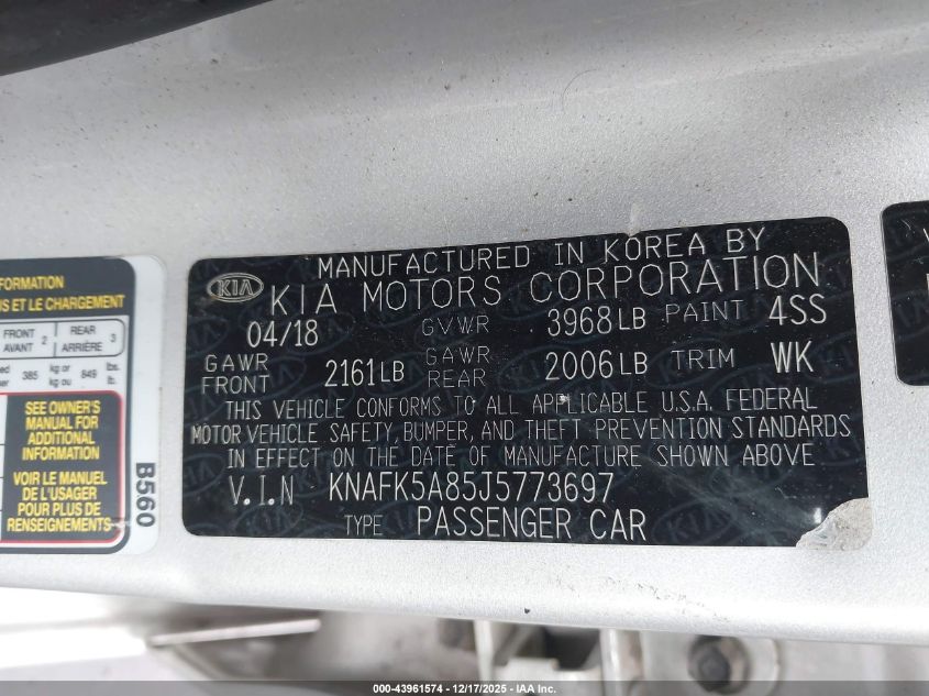 2018 Kia Forte Lx VIN: KNAFK5A85J5773697 Lot: 43961574