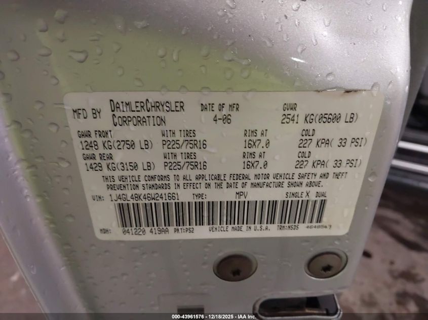 2006 Jeep Liberty Sport VIN: 1J4GL48K46W241661 Lot: 43961576