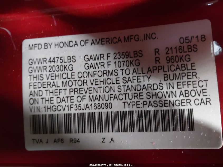 2018 Honda Accord Sport VIN: 1HGCV1F35JA168090 Lot: 43961578