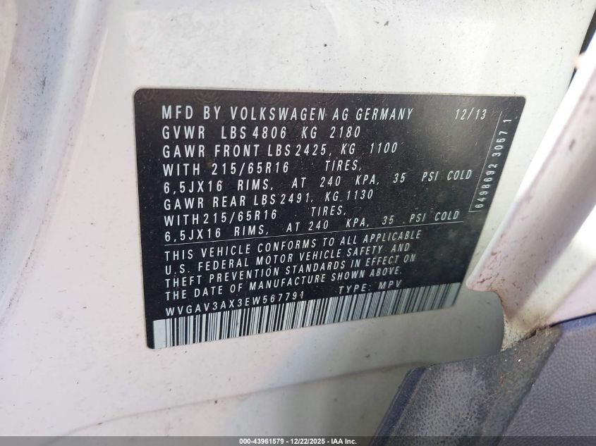 2014 Volkswagen Tiguan S VIN: WVGAV3AX3EW567791 Lot: 43961579