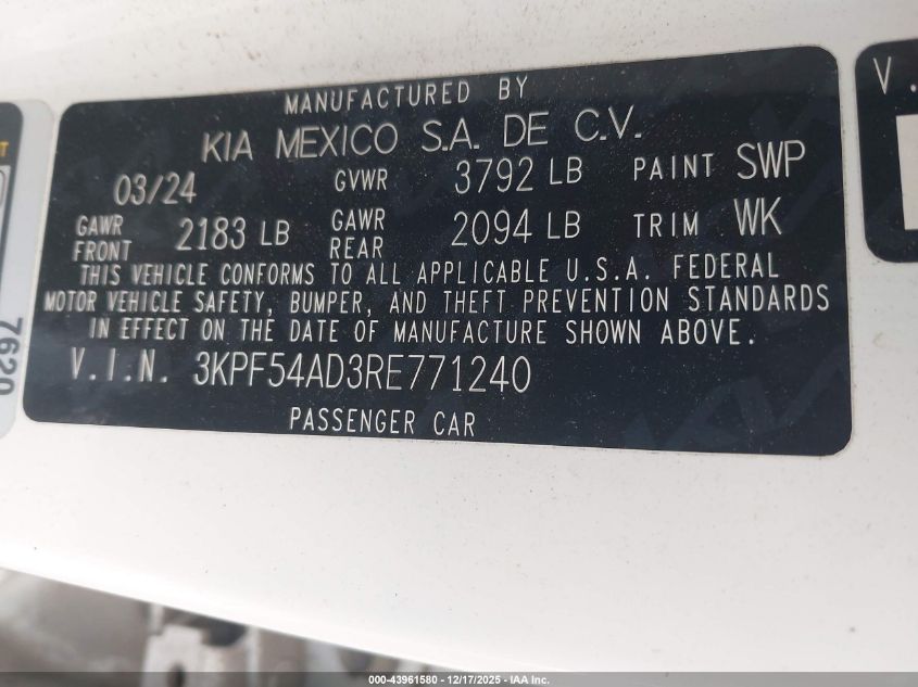2024 Kia Forte Gt-Line VIN: 3KPF54AD3RE771240 Lot: 43961580