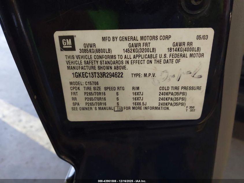 2003 GMC Yukon Slt VIN: 1GKEC13T33R294622 Lot: 43961586