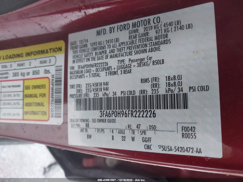 2015 Ford Fusion Se VIN: 3FA6P0H96FR222226 Lot: 43961587