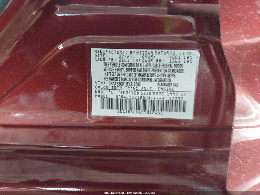 2021 Nissan Sentra Sv Xtronic Cvt VIN: 3N1AB8CV1MY312685 Lot: 43961588