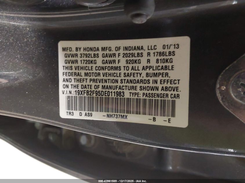 2013 Honda Civic Ex-L VIN: 19XFB2F95DE011983 Lot: 43961589