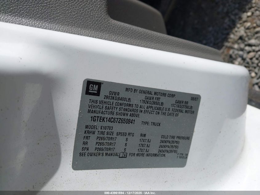 2007 GMC Sierra 1500 Work Truck VIN: 1GTEK14C67Z650841 Lot: 43961594