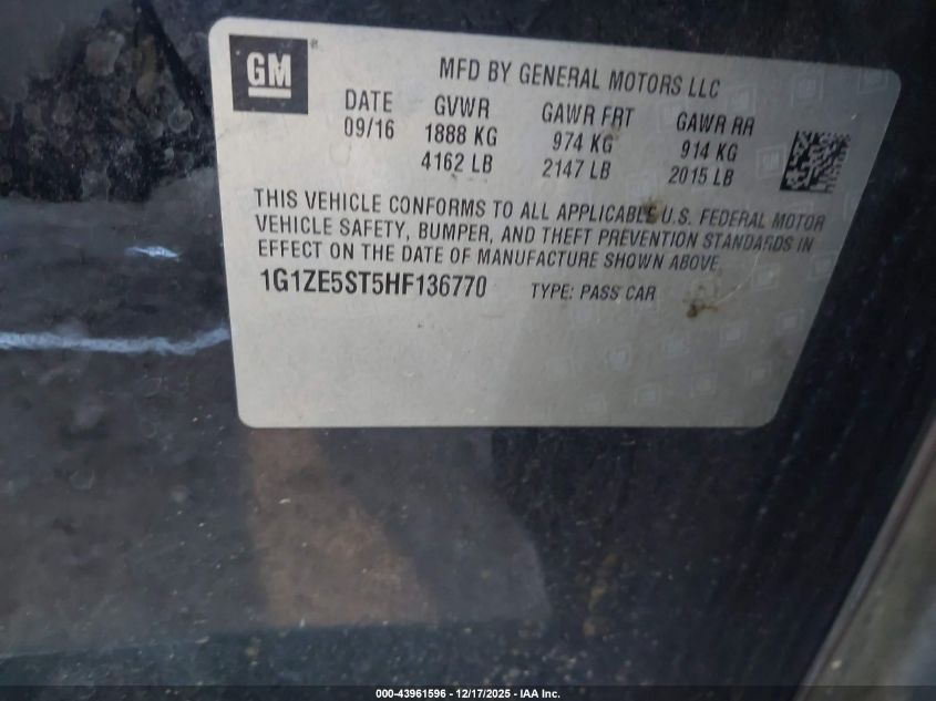 2017 Chevrolet Malibu 1Lt VIN: 1G1ZE5ST5HF136770 Lot: 43961596