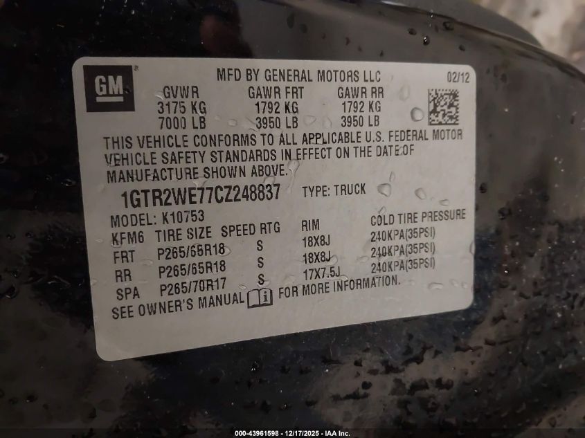 2012 GMC Sierra 1500 Slt VIN: 1GTR2WE77CZ248837 Lot: 43961598