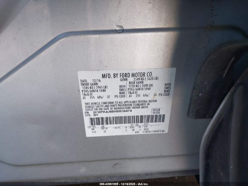 2017 Ford Edge Sel VIN: 2FMPK4J88HBB34474 Lot: 43961599