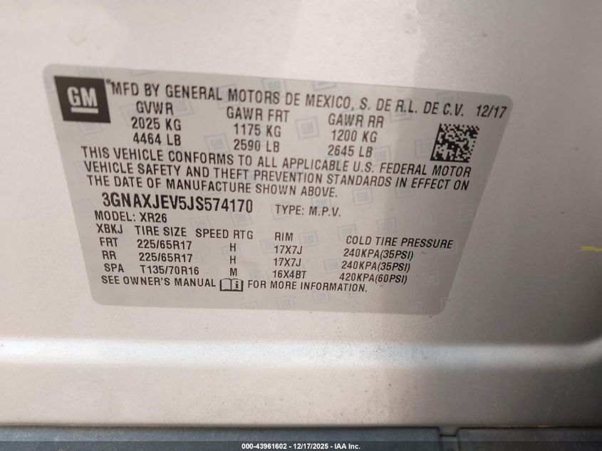 2018 Chevrolet Equinox Lt VIN: 3GNAXJEV5JS574170 Lot: 43961602