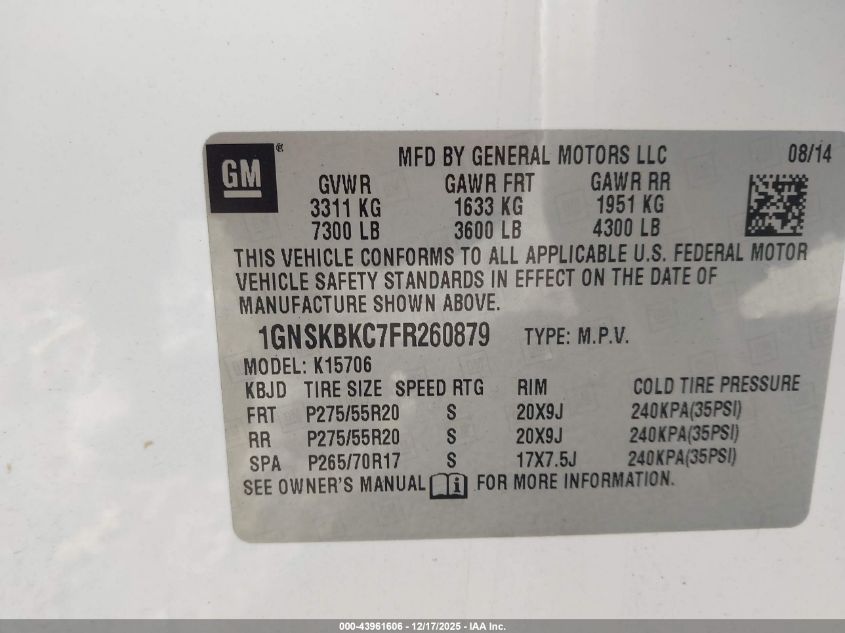 2015 Chevrolet Tahoe Lt VIN: 1GNSKBKC7FR260879 Lot: 43961606
