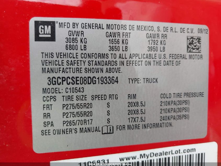 2013 Chevrolet Silverado 1500 Lt VIN: 3GCPCSE08DG193364 Lot: 43961611