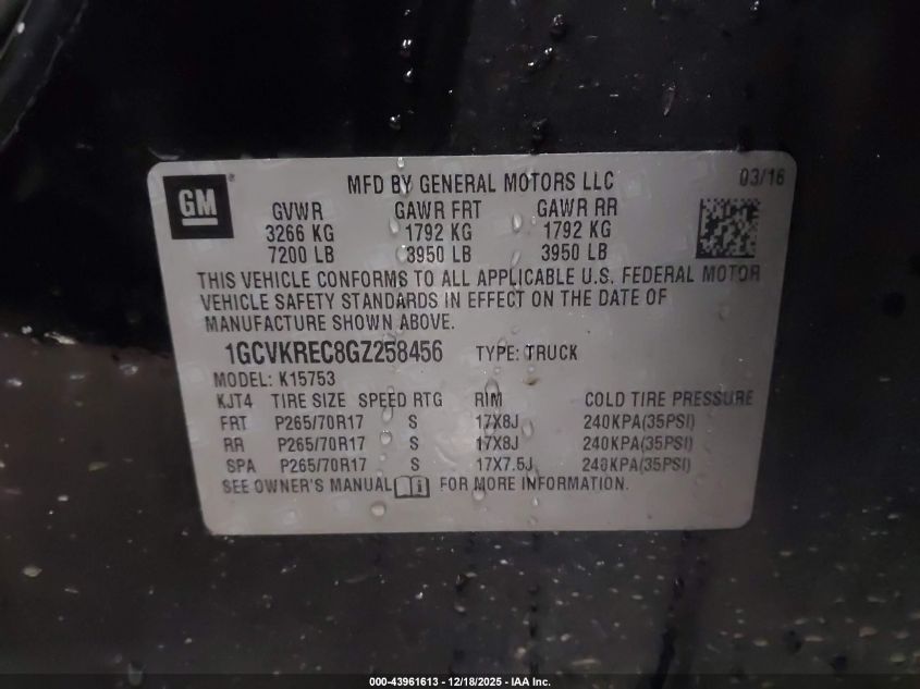 2016 Chevrolet Silverado 1500 1Lt VIN: 1GCVKREC8GZ258456 Lot: 43961613