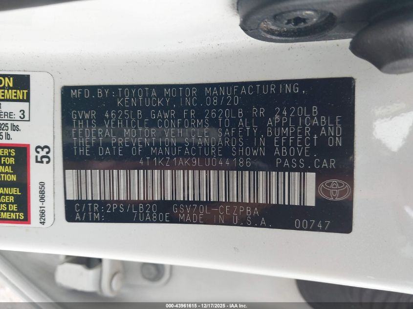 2020 Toyota Camry Xse V6 VIN: 4T1KZ1AK9LU044186 Lot: 43961615