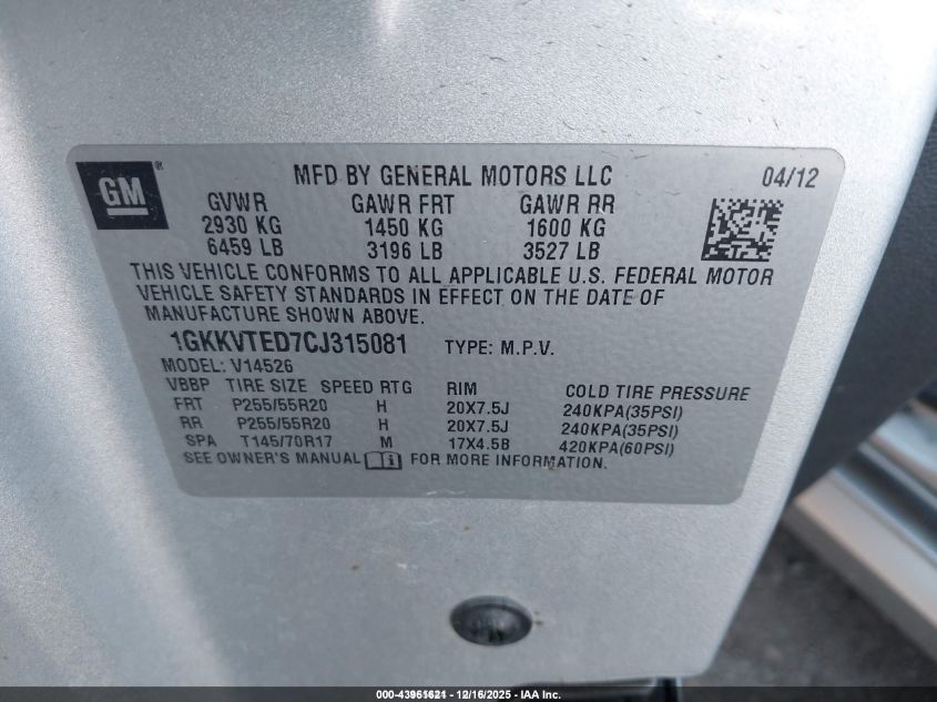 2012 GMC Acadia Denali VIN: 1GKKVTED7CJ315081 Lot: 43961621