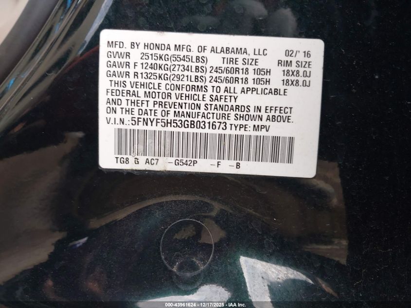 2016 Honda Pilot Ex-L VIN: 5FNYF5H53GB031673 Lot: 43961624