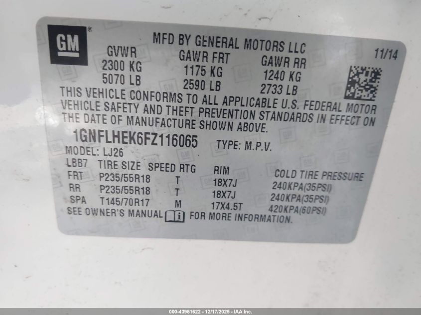 2015 Chevrolet Equinox Ltz VIN: 1GNFLHEK6FZ116065 Lot: 43961622