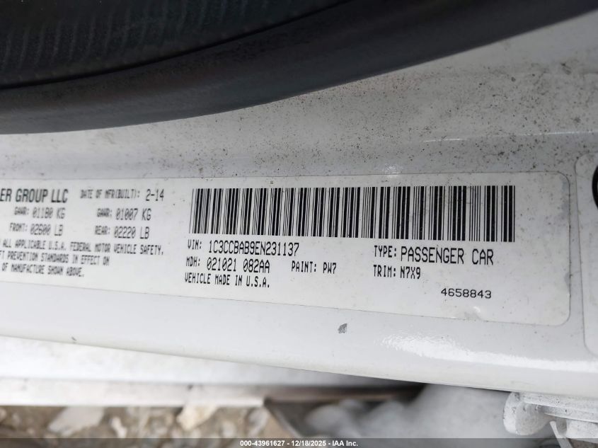 2014 Chrysler 200 Lx VIN: 1C3CCBAB9EN231137 Lot: 43961627