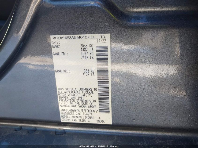 2023 Nissan Altima Sv Intelligent Awd VIN: 1N4BL4DW8PN339047 Lot: 43961630