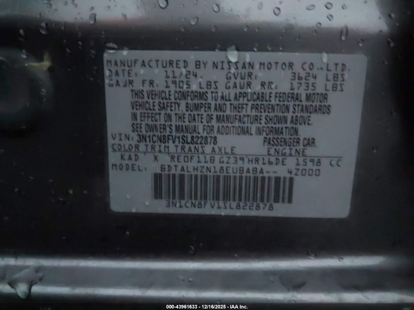 2025 Nissan Versa 1.6 Sr VIN: 3N1CN8FV1SL822878 Lot: 43961633