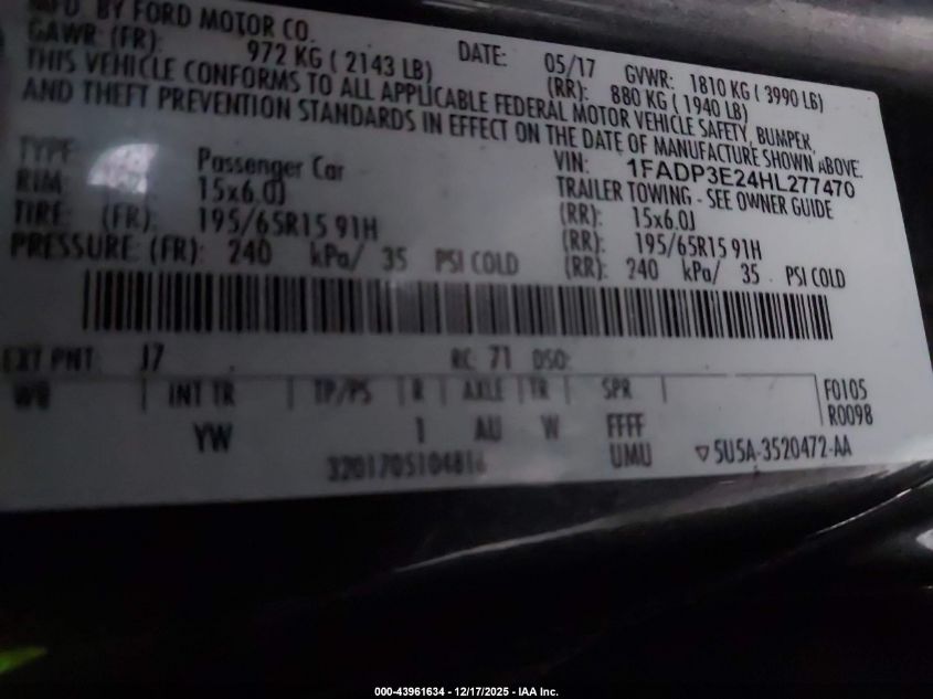 2017 Ford Focus S VIN: 1FADP3E24HL277470 Lot: 43961634