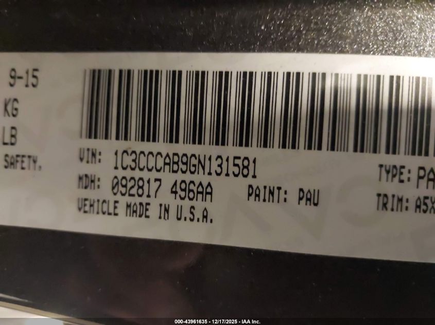 2016 Chrysler 200 Limited VIN: 1C3CCCAB9GN131581 Lot: 43961635