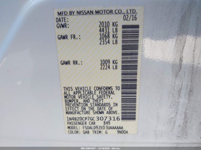 2016 Nissan Leaf Sv VIN: 1N4BZ0CP7GC307316 Lot: 43961637