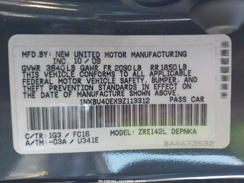 2009 Toyota Corolla Xle VIN: 1NXBU40EX9Z113312 Lot: 43961642