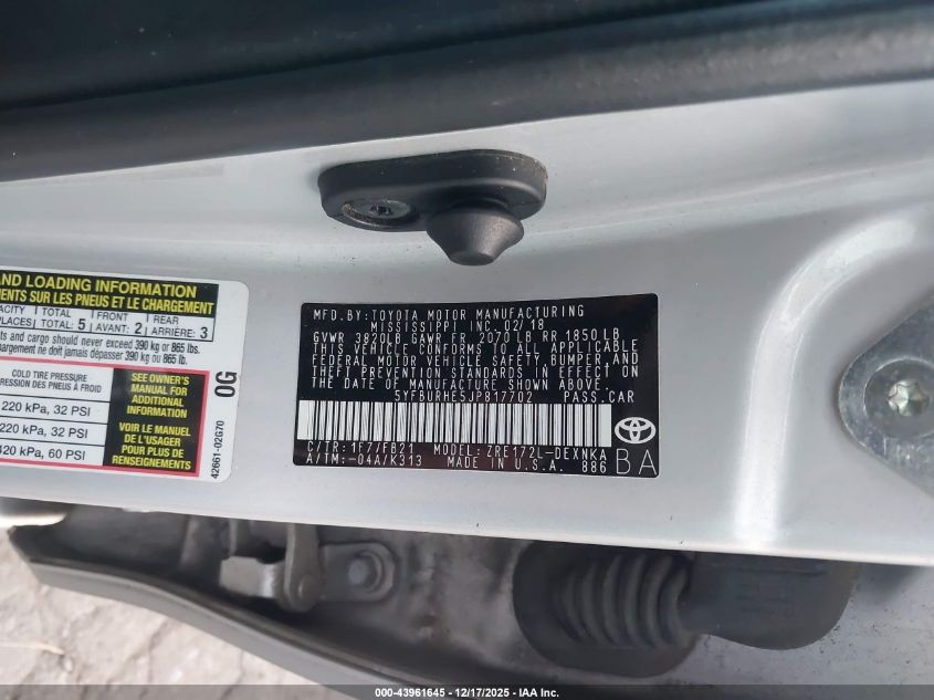 2018 Toyota Corolla Le VIN: 5YFBURHE5JP817702 Lot: 43961645