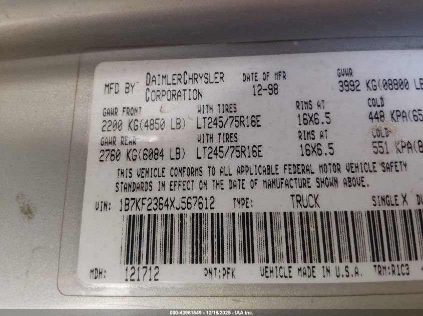 1999 Dodge Ram 2500 St VIN: 1B7KF2364XJ567612 Lot: 43961649