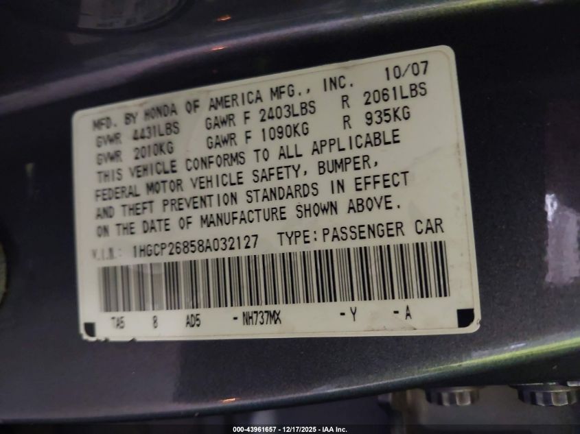 2008 Honda Accord 2.4 Ex-L VIN: 1HGCP26858A032127 Lot: 43961657