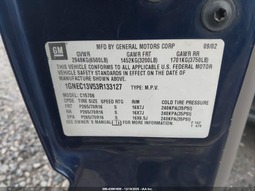 2003 Chevrolet Tahoe Ls VIN: 1GNEC13V53R133127 Lot: 43961658