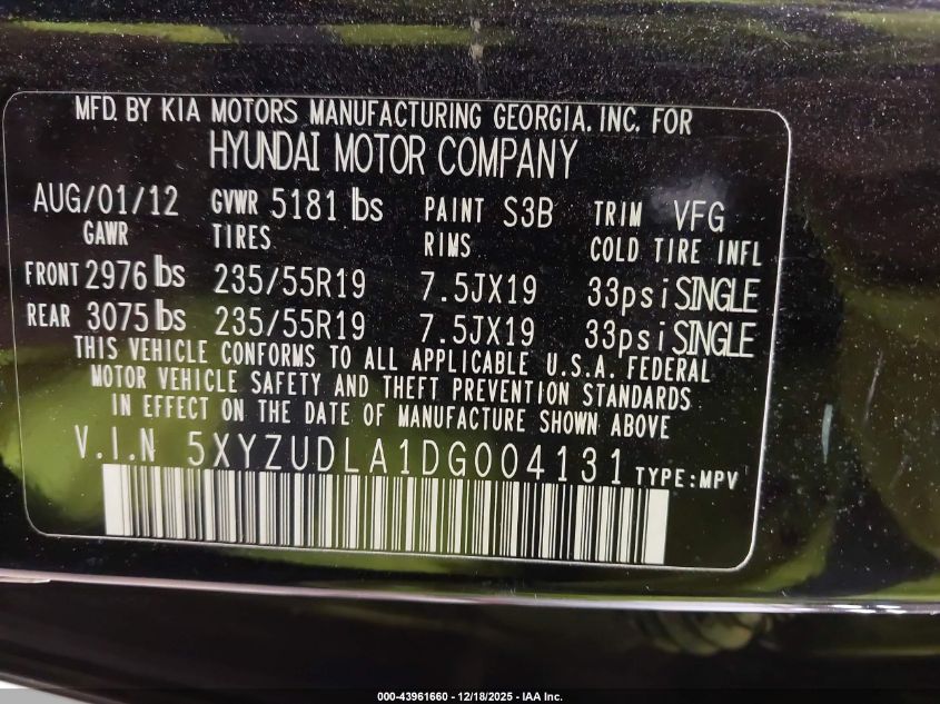 2013 Hyundai Santa Fe Sport 2.0T VIN: 5XYZUDLA1DG004131 Lot: 43961660