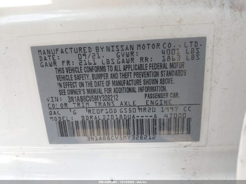 2021 Nissan Sentra Sv Xtronic Cvt VIN: 3N1AB8CV5MY328212 Lot: 43961661