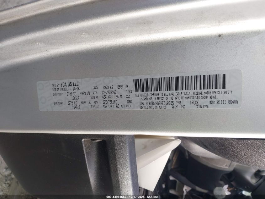 2017 Ram Promaster 1500 Low Roof 118 Wb VIN: 3C6TRVNG3HE510925 Lot: 43961662