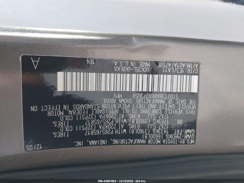 2006 Toyota Sequoia Limited V8 VIN: 5TDZT38A86S273058 Lot: 43961663