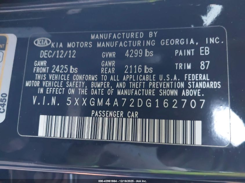 2013 Kia Optima Lx VIN: 5XXGM4A72DG162707 Lot: 43961664