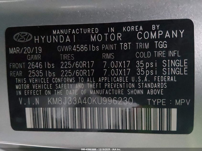 2019 Hyundai Tucson Value VIN: KM8J33A40KU996230 Lot: 43961666