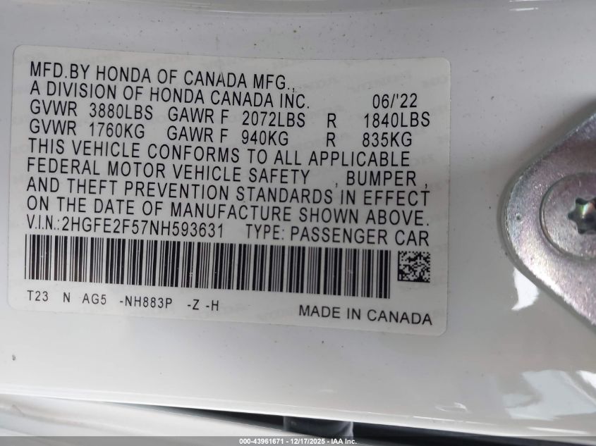 2022 Honda Civic Sport VIN: 2HGFE2F57NH593631 Lot: 43961671