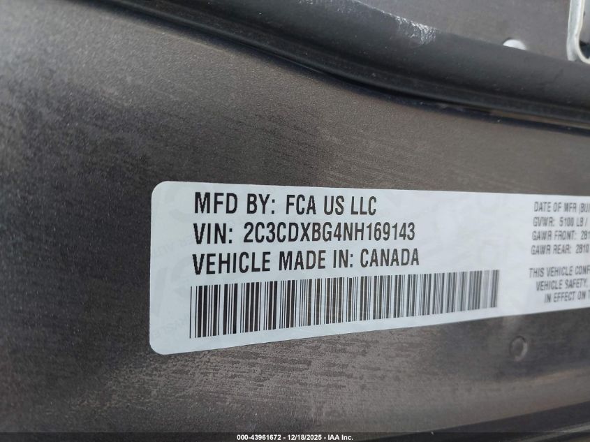 2022 Dodge Charger Sxt Rwd VIN: 2C3CDXBG4NH169143 Lot: 43961672